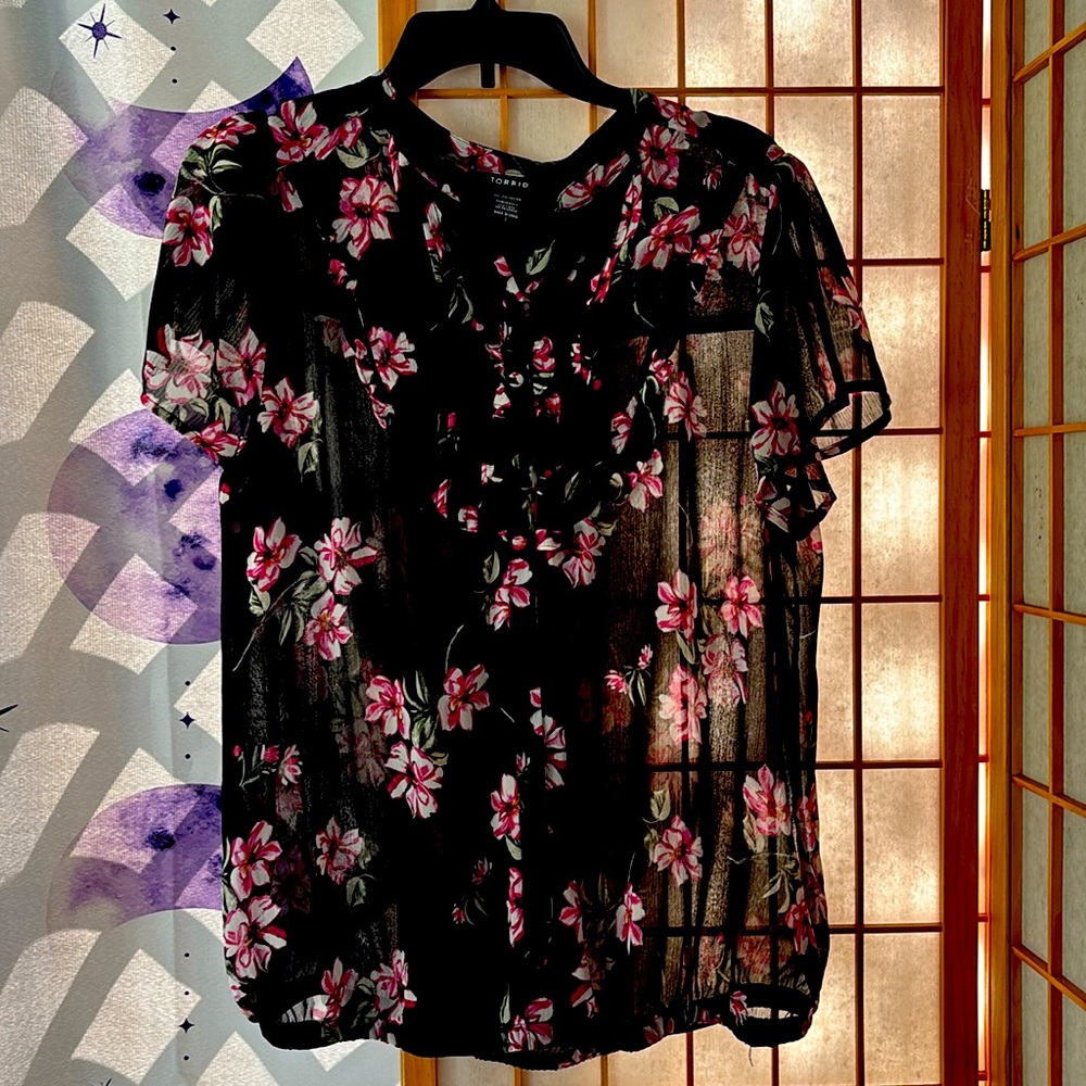 Torrid Black Sheer Floral Blouse with Pink Flowers Plus size 1